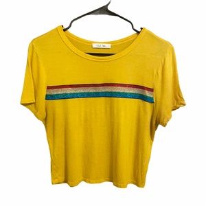 Yellow crop top shirt w/ rainbow stripe
